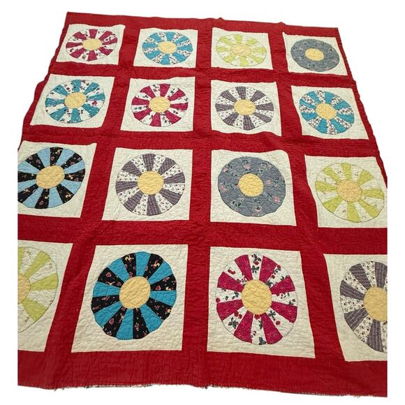 Antique Vintage Dresden Plate Quilt Red Sashing Hand Stitched 66x74” Patchwork - Picture 5 of 14